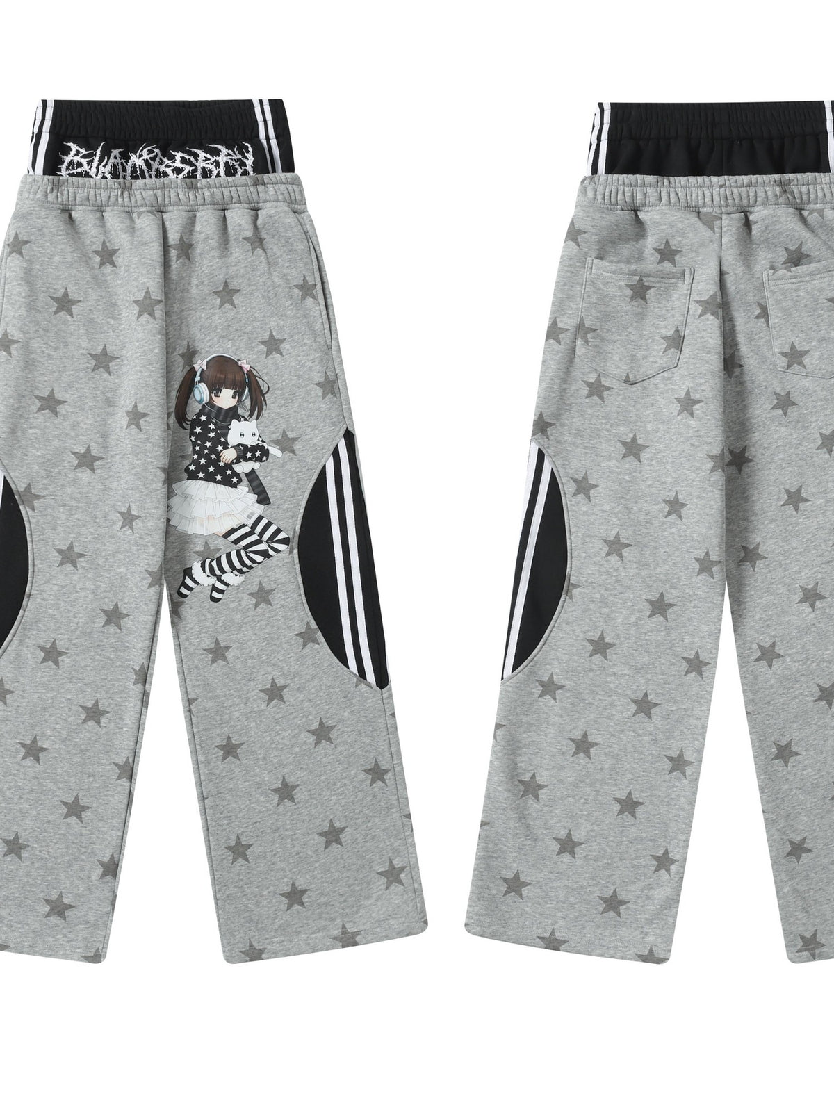 BlackBerry Gray Cartoon Star Cat Faux Two Piece Spliced Women's Fleece Lined Sweatpants