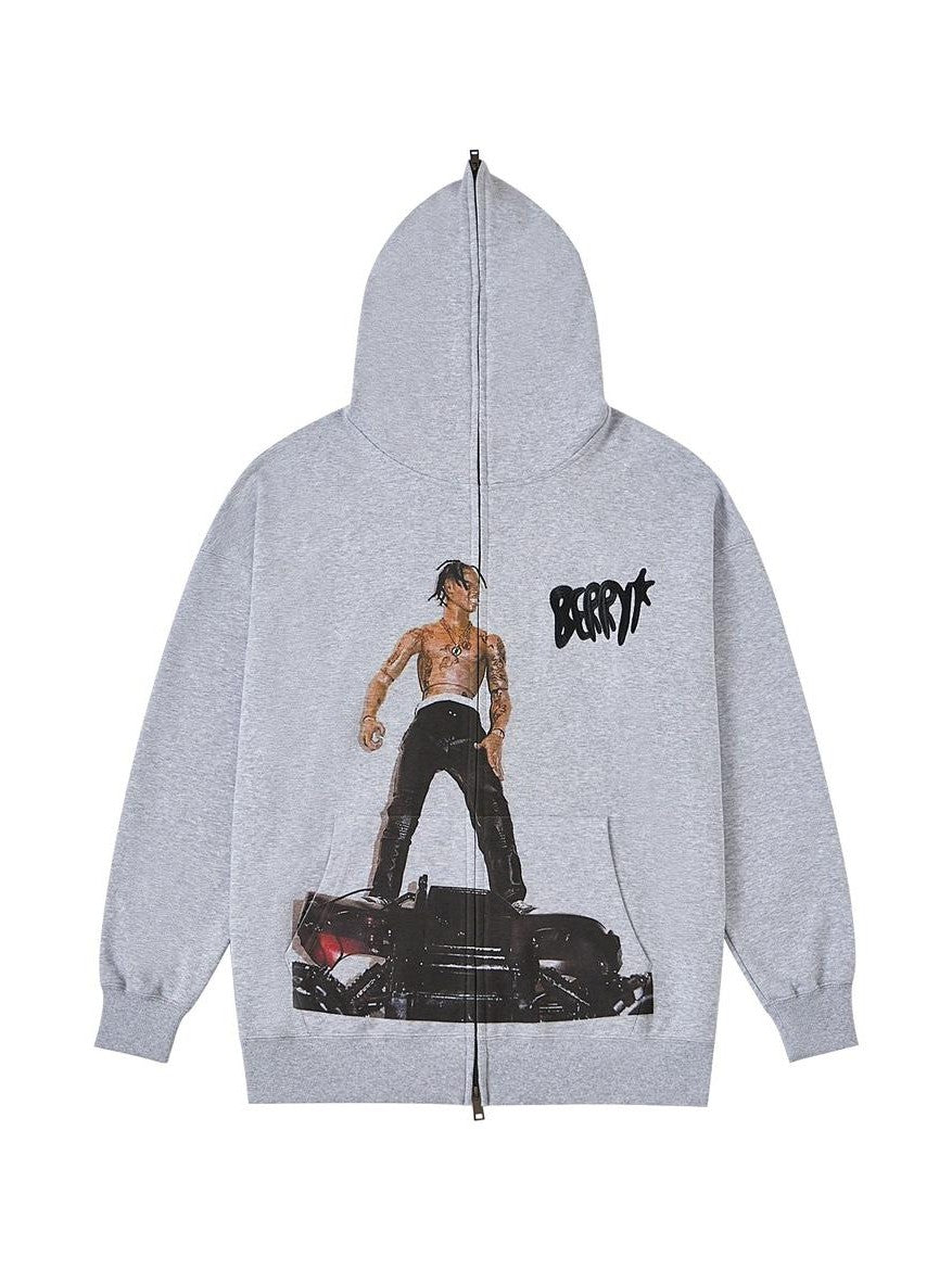 BlackBerry Gray Embroidered Parody Portrait Heavyweight Women's Cotton Zip-up Hoodies