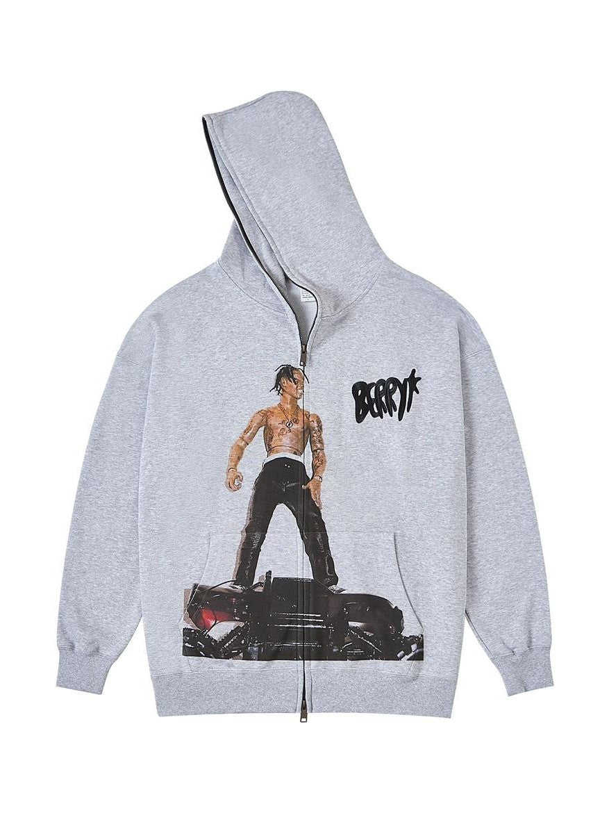 BlackBerry Gray Embroidered Parody Portrait Heavyweight Women's Cotton Zip-up Hoodies