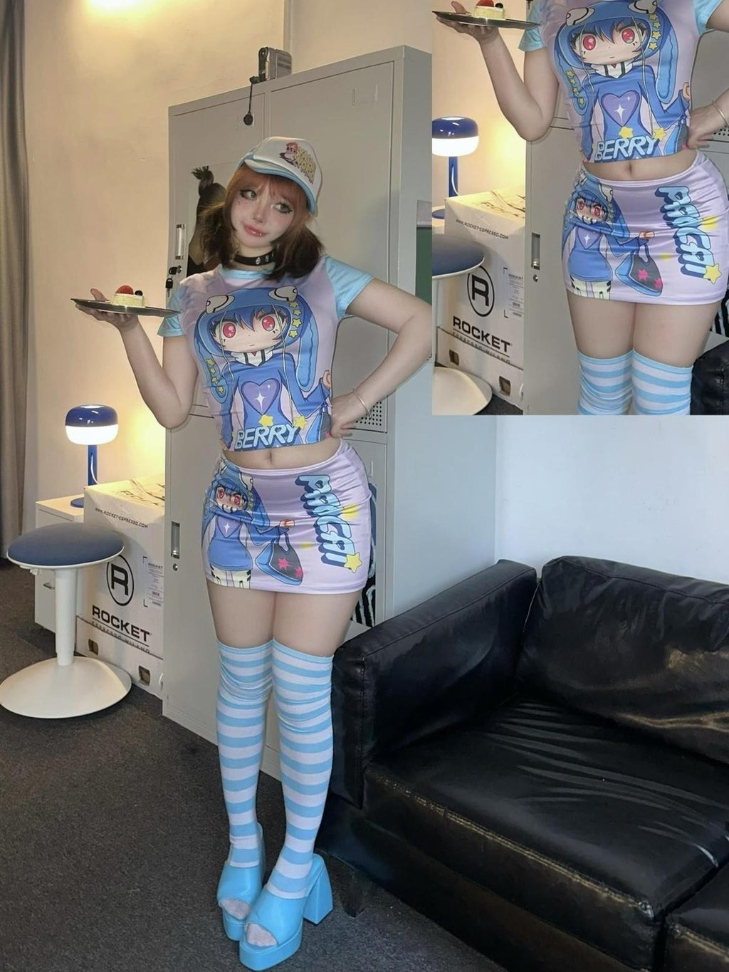 BlackBerry Hand Painted Anime Print Street Women's Poly Cotton Spandex Matching Skirt Sets