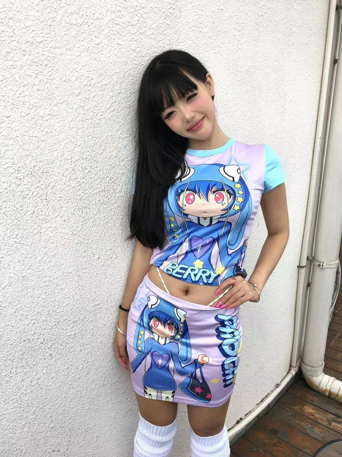 BlackBerry Hand Painted Anime Print Street Women's Poly Cotton Spandex Matching Skirt Sets