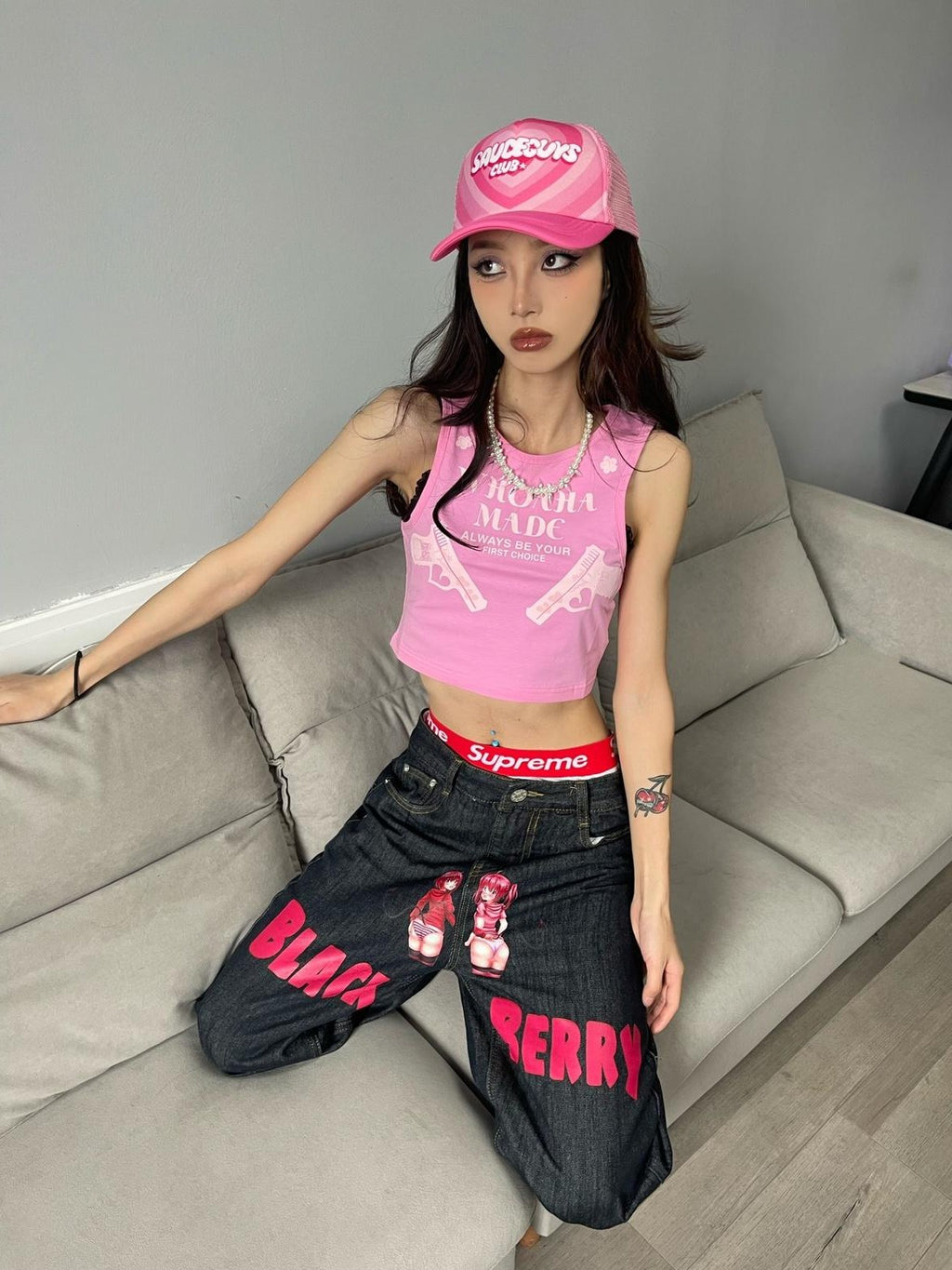 BlackBerry Kawaii Cute Girl Series Loose Fit Women's Relaxed Silhouette Baggy Jeans