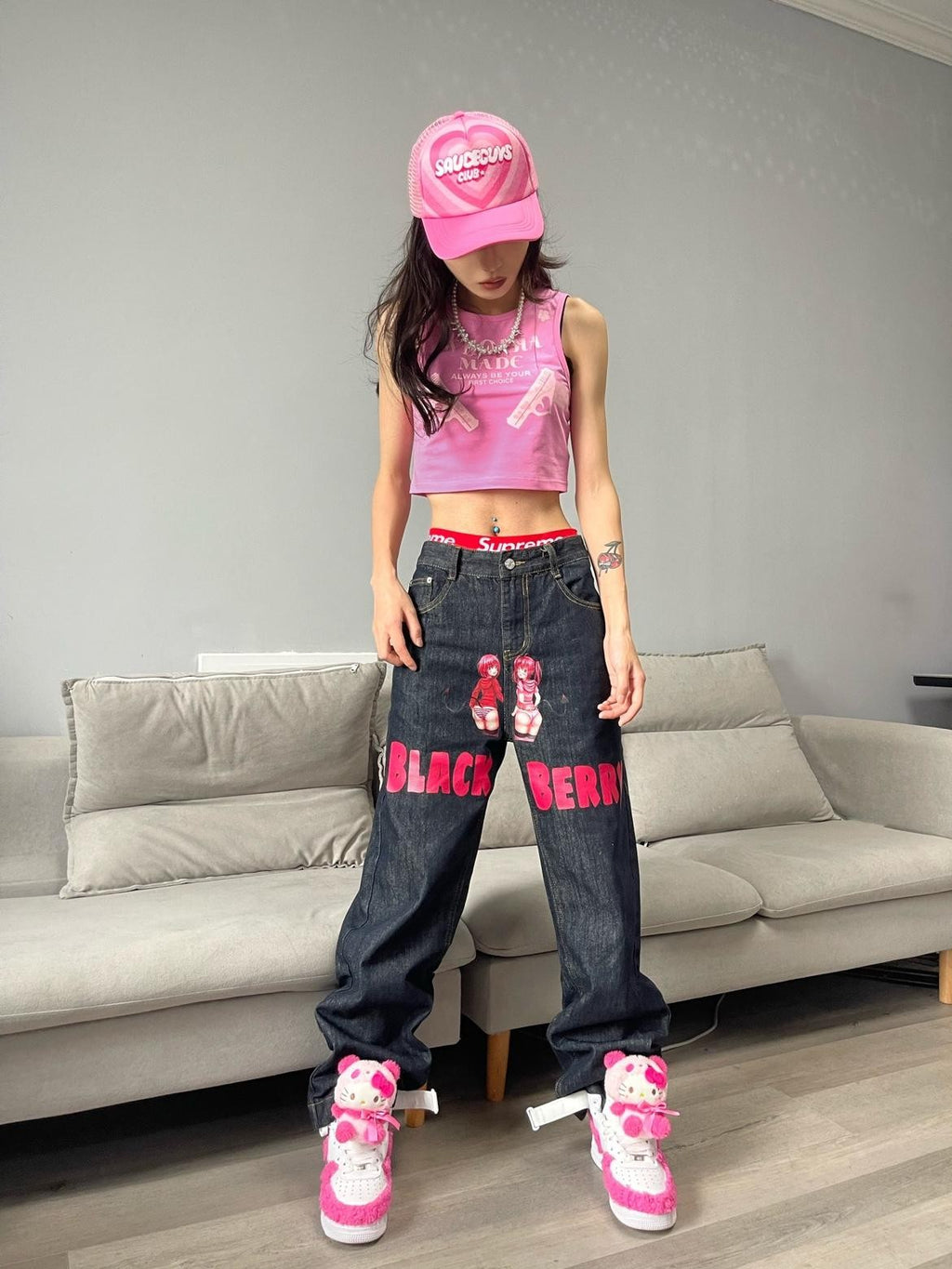 BlackBerry Kawaii Cute Girl Series Loose Fit Women's Relaxed Silhouette Baggy Jeans