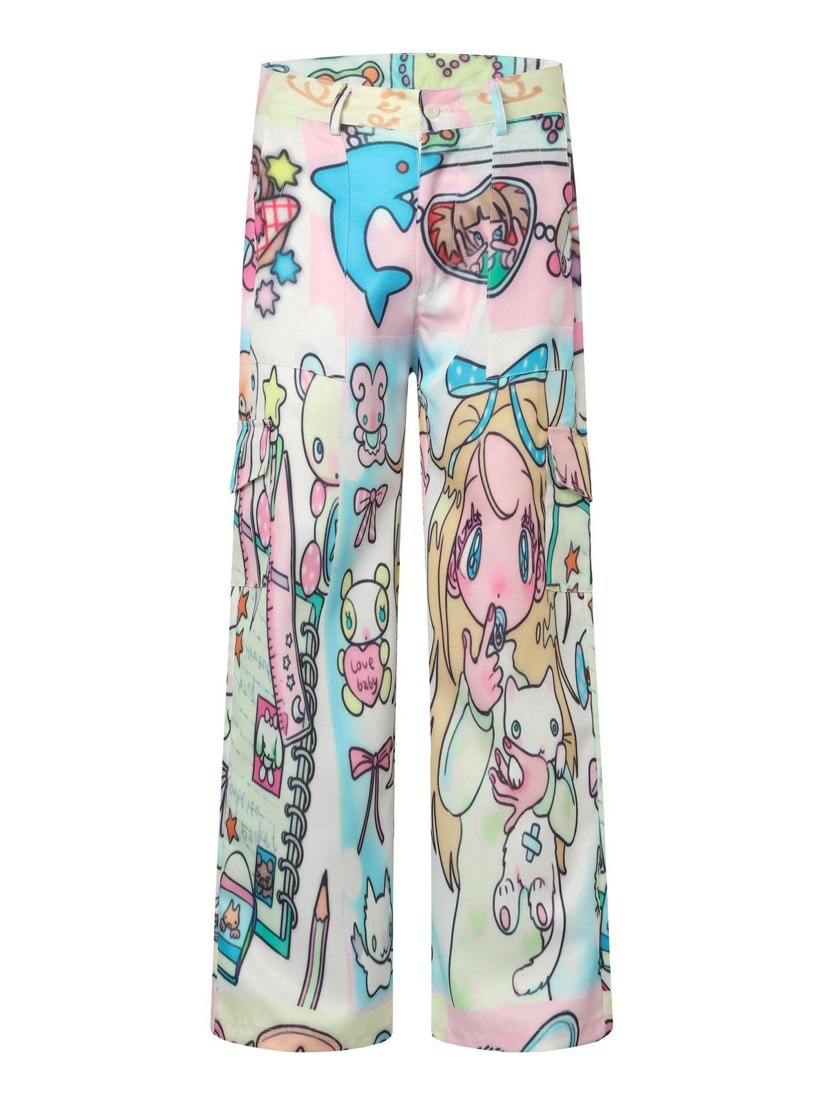 BlackBerry Midnight Pajama Anime Print Japanese Loungewear Mid Rise Women's Cargo Pants
