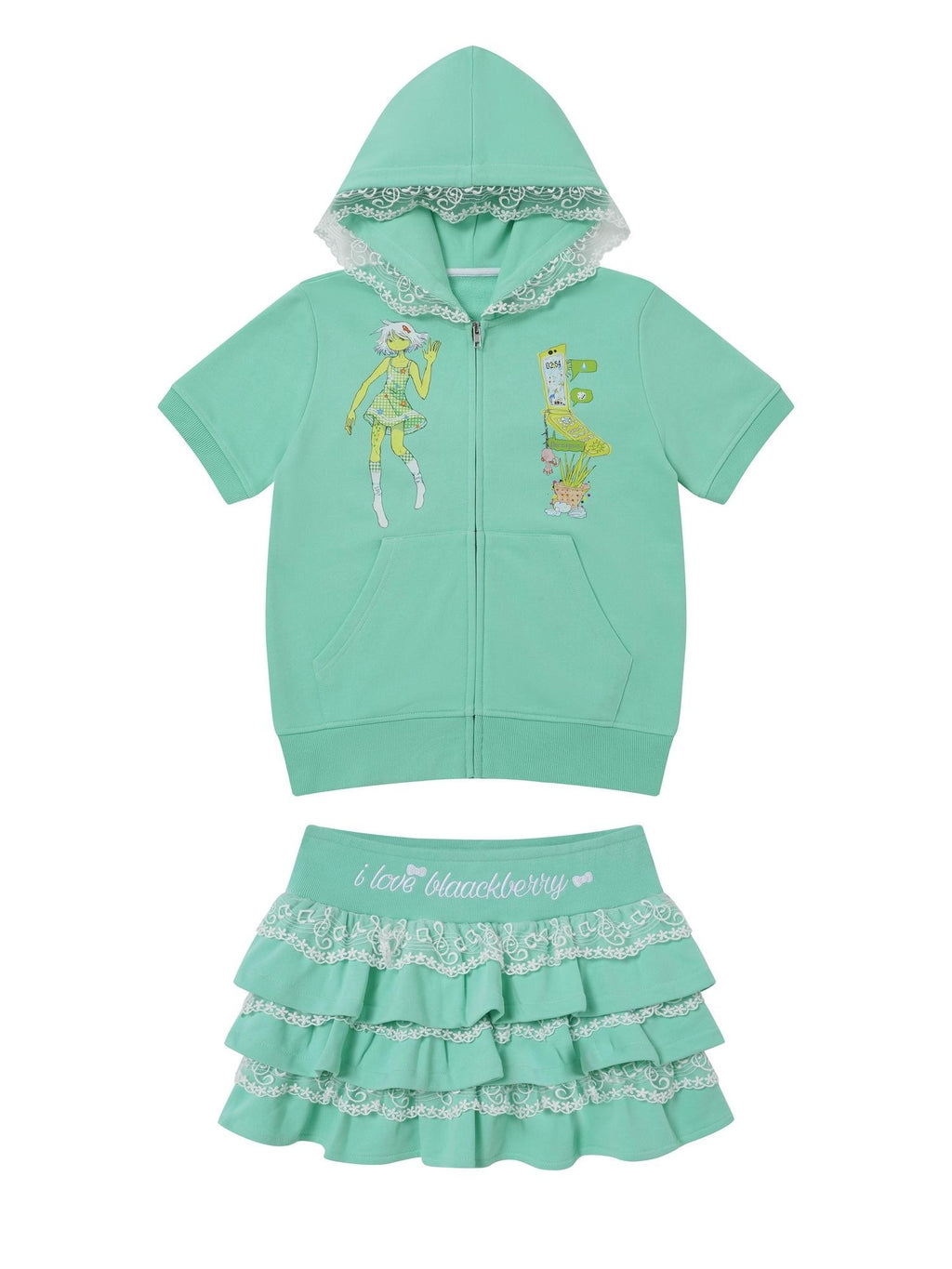 BlackBerry Mint Octopus Print Hooded Cardigan Women's High Waist Aline Matching Skirt Sets