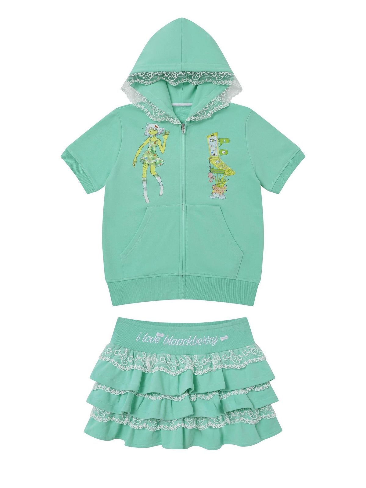 BlackBerry Mint Octopus Print Hooded Cardigan Women's High Waist Aline Matching Skirt Sets