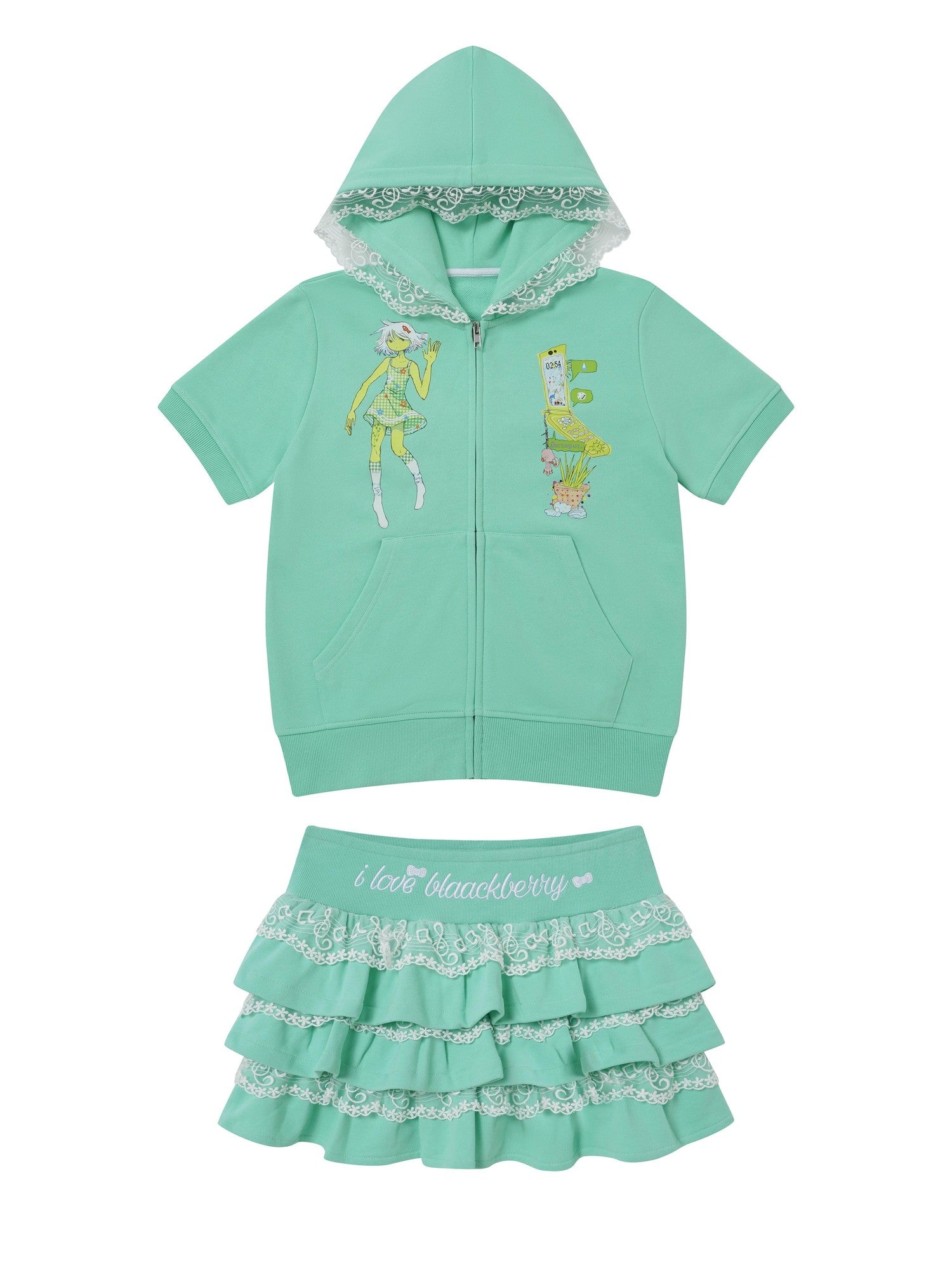 BlackBerry Mint Octopus Print Hooded Cardigan Women's High Waist Aline Matching Skirt Sets
