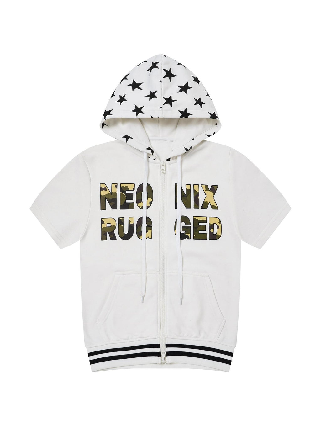 BlackBerry Neon Star Print Hooded Zipper Women's Casual Top & Shorts Sets