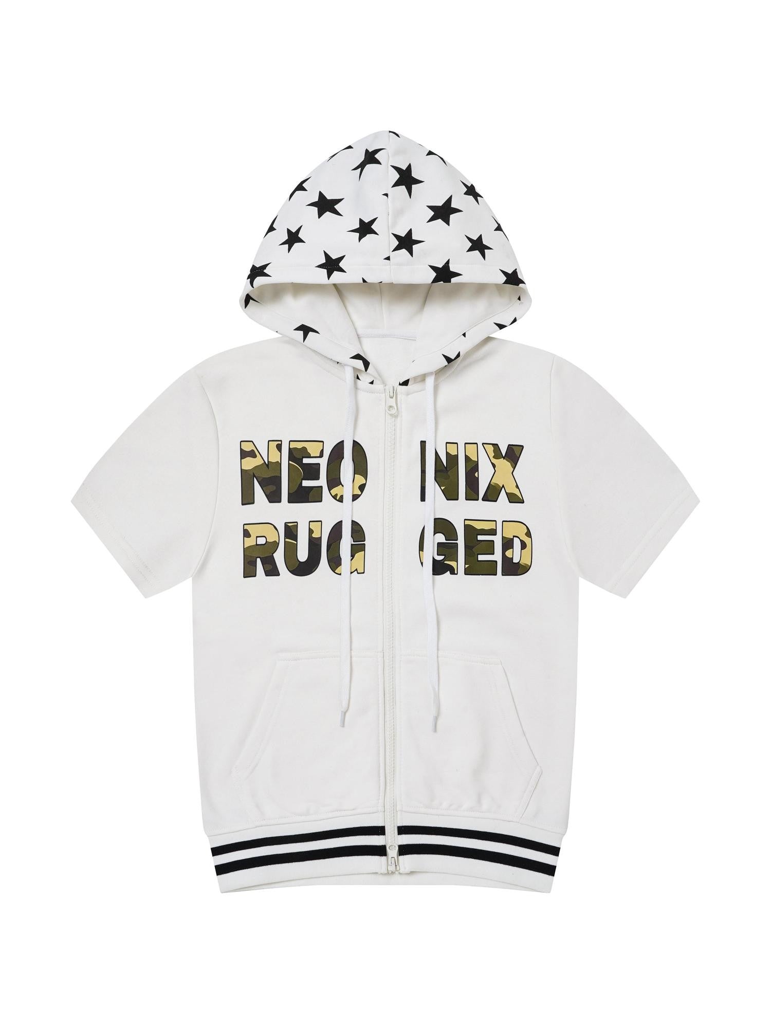 BlackBerry Neon Star Print Hooded Zipper Women's Casual Top & Shorts Sets