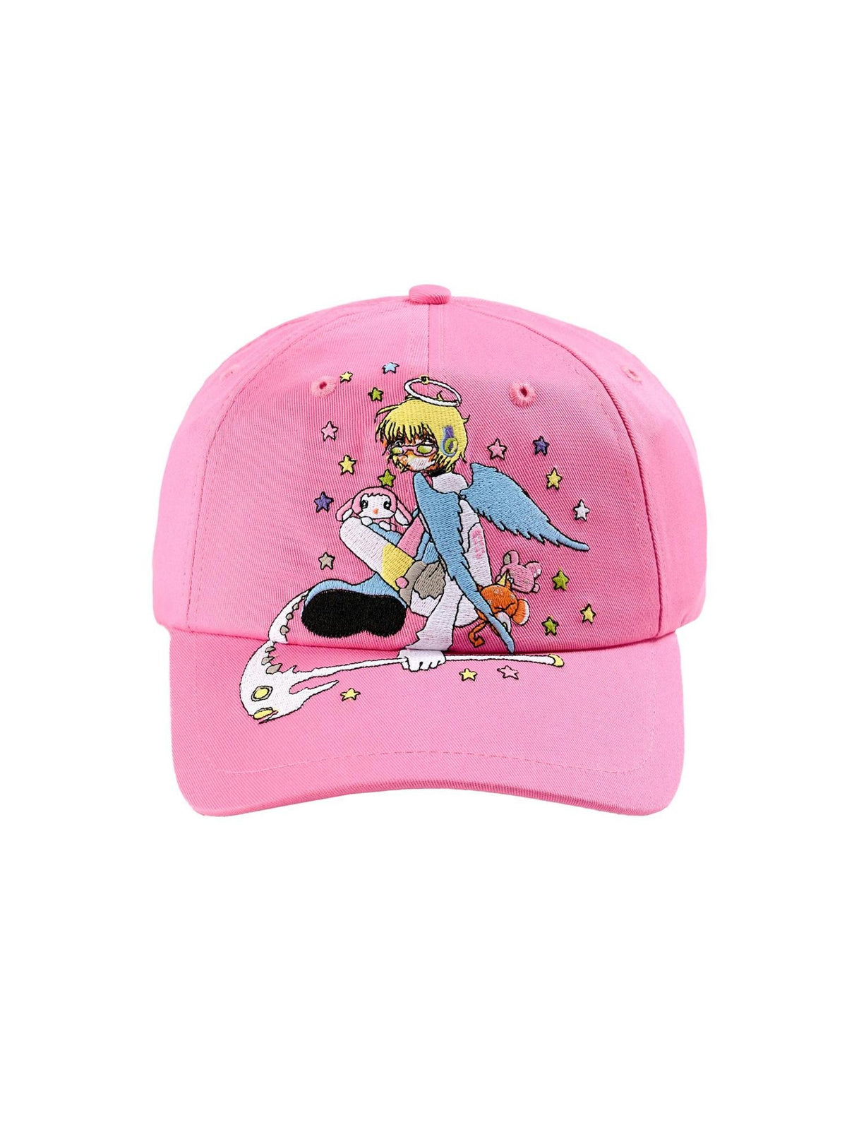 BlackBerry Pink Angel Lettering Ruffled Extended Brim Women's Cotton Baseball Caps