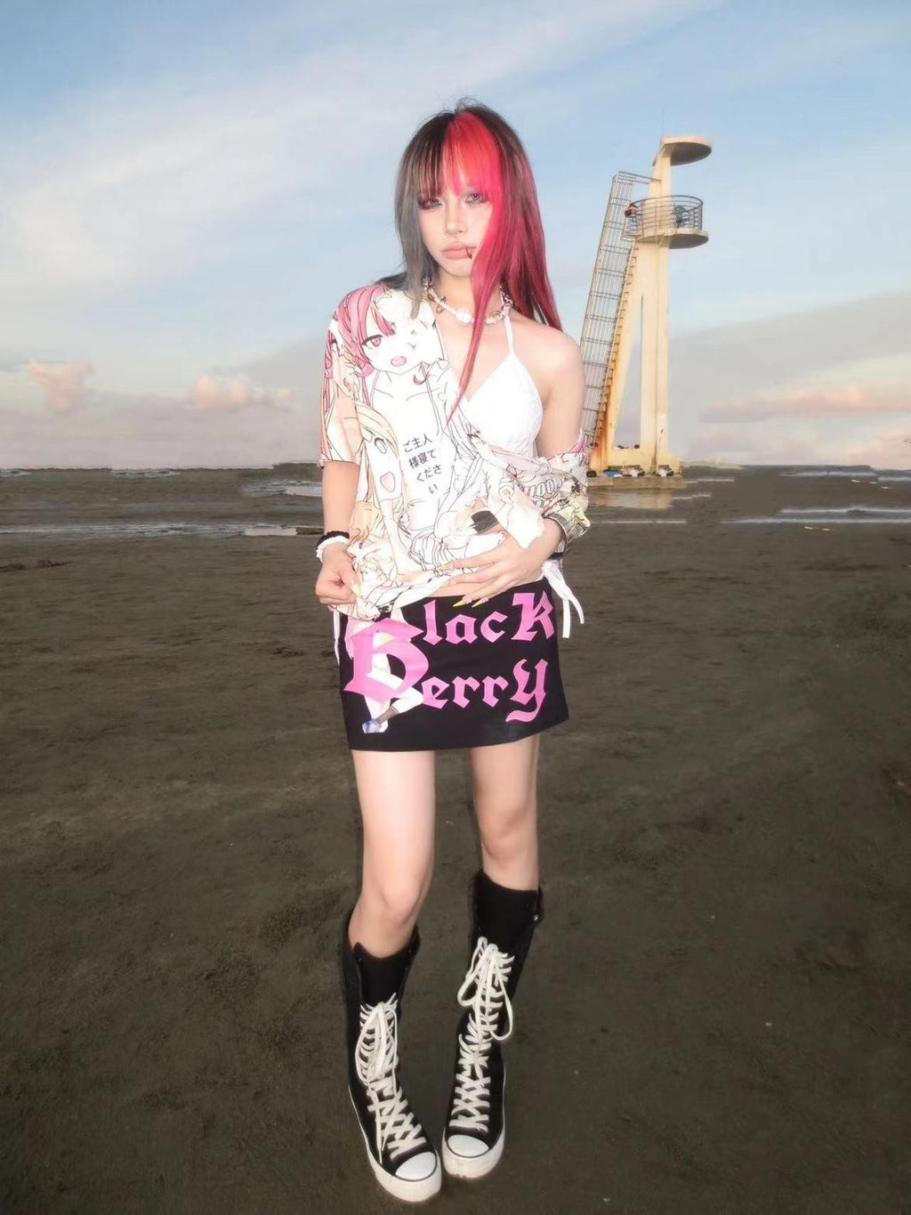BlackBerry Pink Anime Girl Print Built In Shorts Women's Other Fabric Mini Skirts