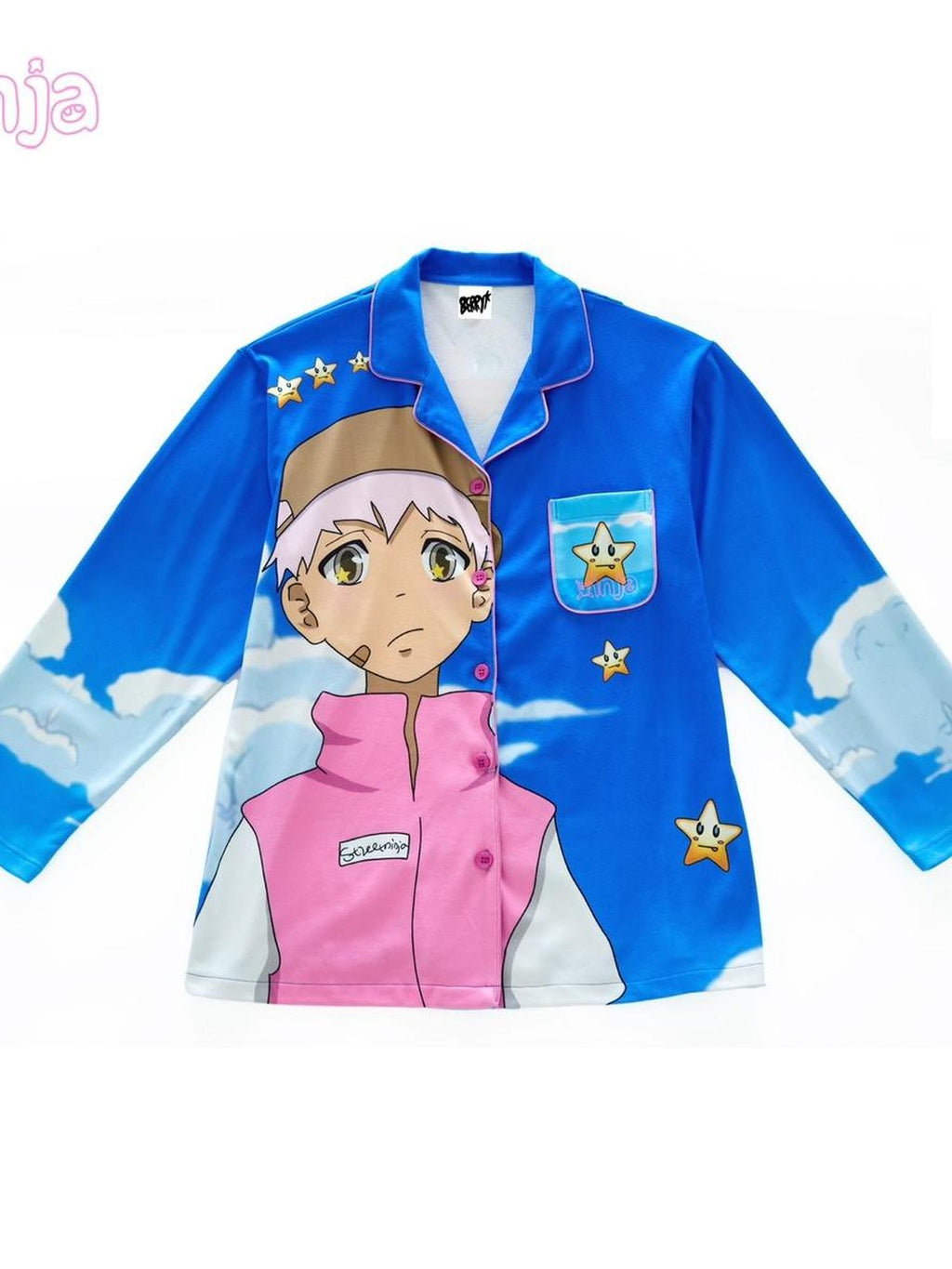 BlackBerry Pink Boy Graphic Button Collar Women's Derong Fleece Lounge Top & Pants Sets