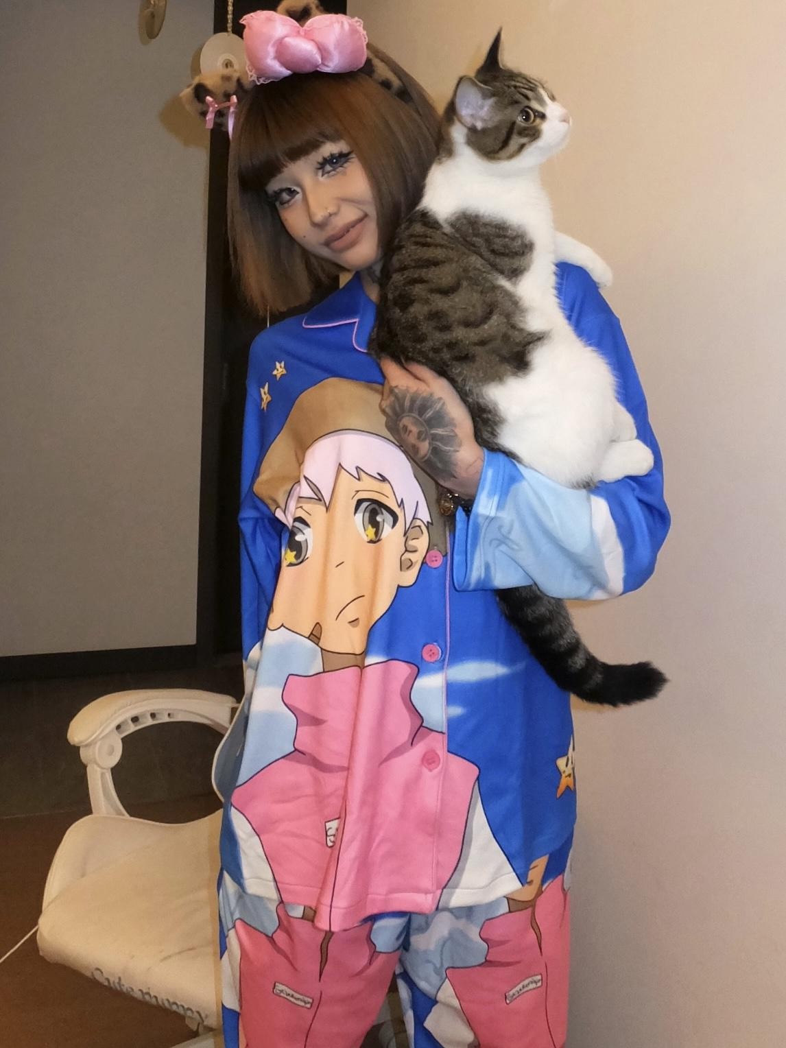 BlackBerry Pink Boy Graphic Button Collar Women's Derong Fleece Lounge Top & Pants Sets