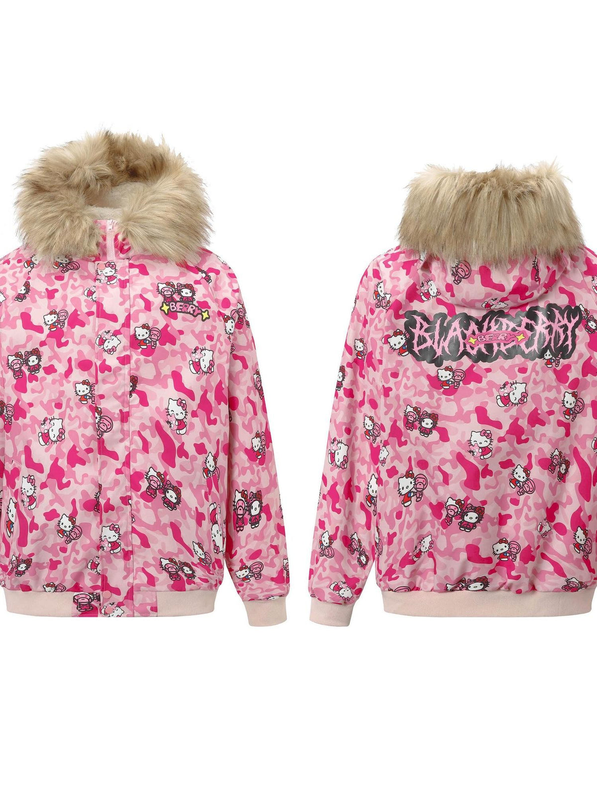 BlackBerry Pink Camo Kitty Print Bomber Fleece Lined Stand Collar Women's Down Jackets