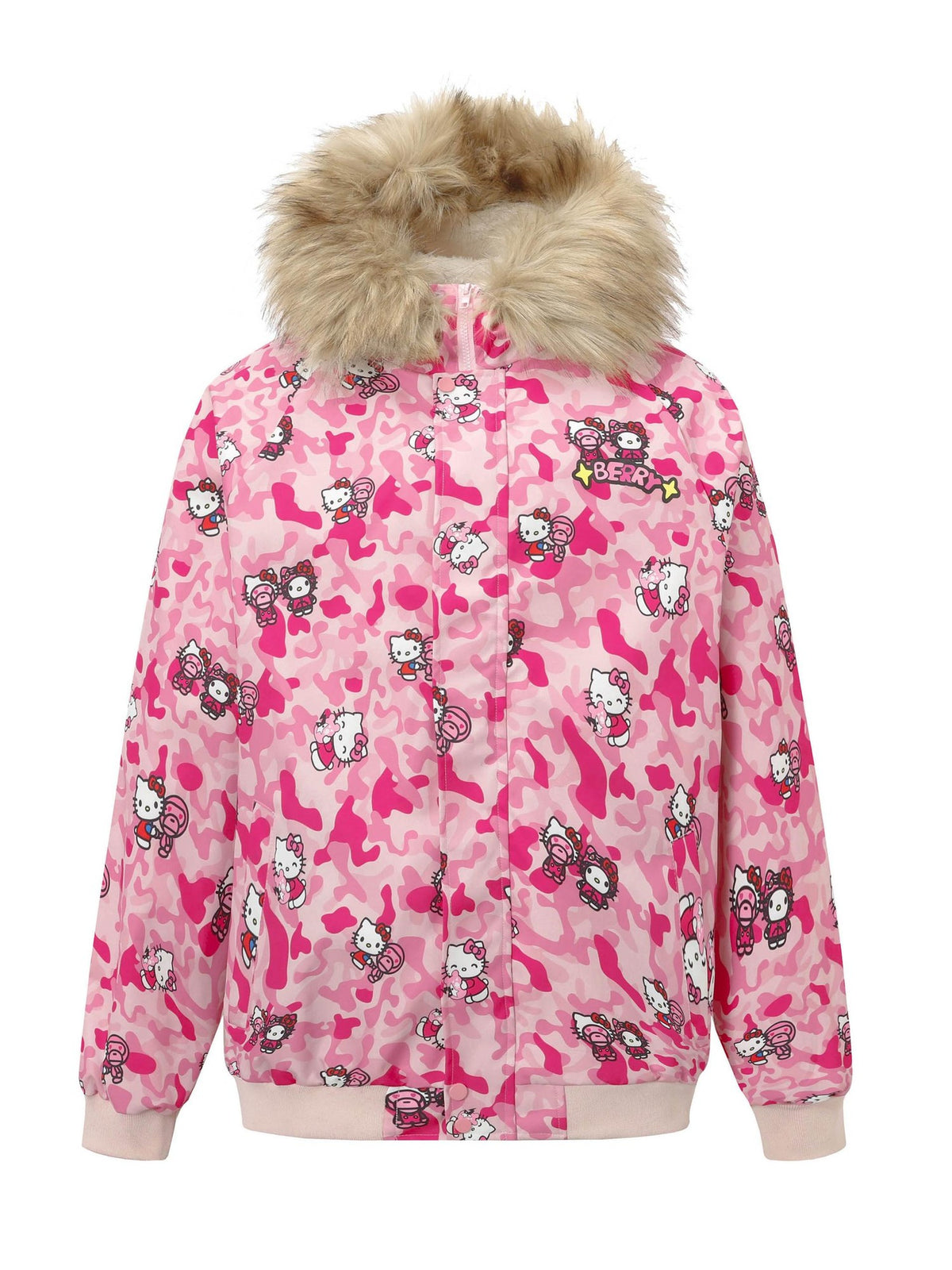 BlackBerry Pink Camo Kitty Print Bomber Fleece Lined Stand Collar Women's Down Jackets