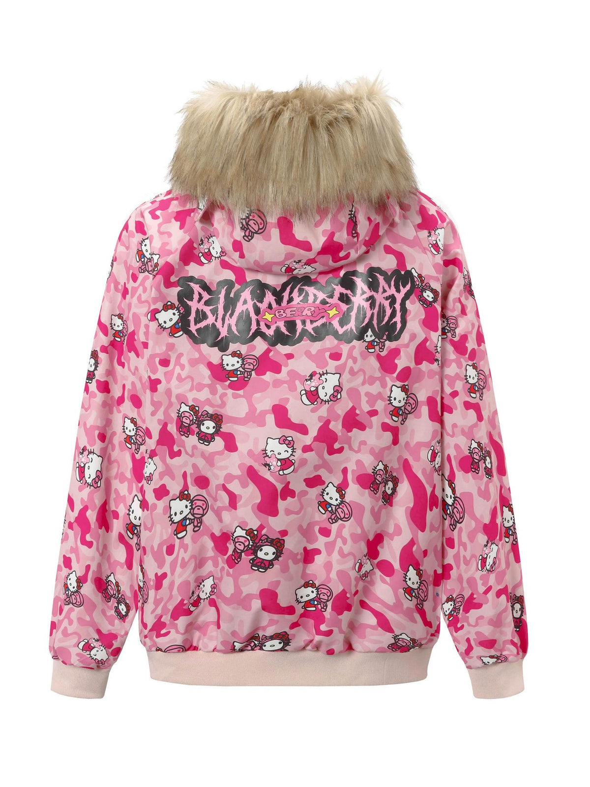 BlackBerry Pink Camo Kitty Print Bomber Fleece Lined Stand Collar Women's Down Jackets