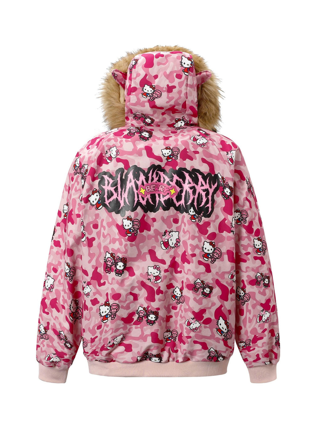 BlackBerry Pink Camo Kitty Print Bomber Fleece Lined Stand Collar Women's Down Jackets