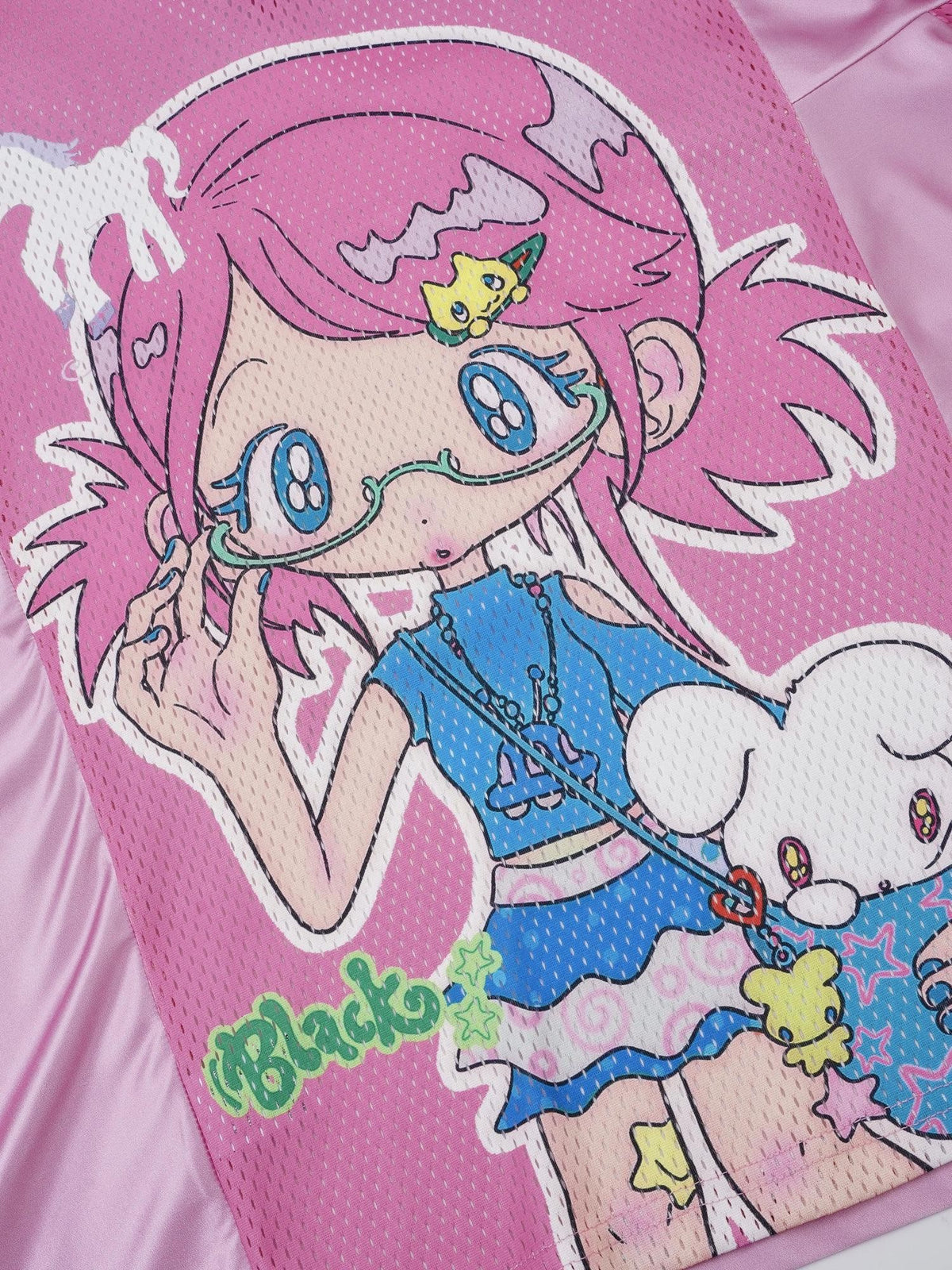 BlackBerry Pink Cartoon Girl Print V-neck Loose Women's Polyester Short Sleeve T-shirts