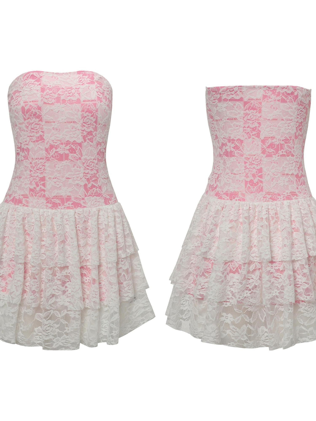 BlackBerry Pink Kitty Print Layered White Lace High Waist Women's Spandex Tube Mini Dresses