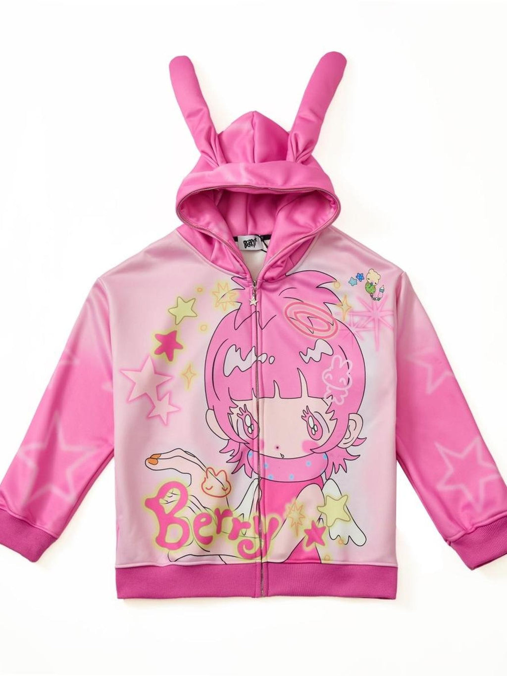 BlackBerry Pink Rabbit Ear Character Print Women's Fleece Lined Zip-up Hoodies