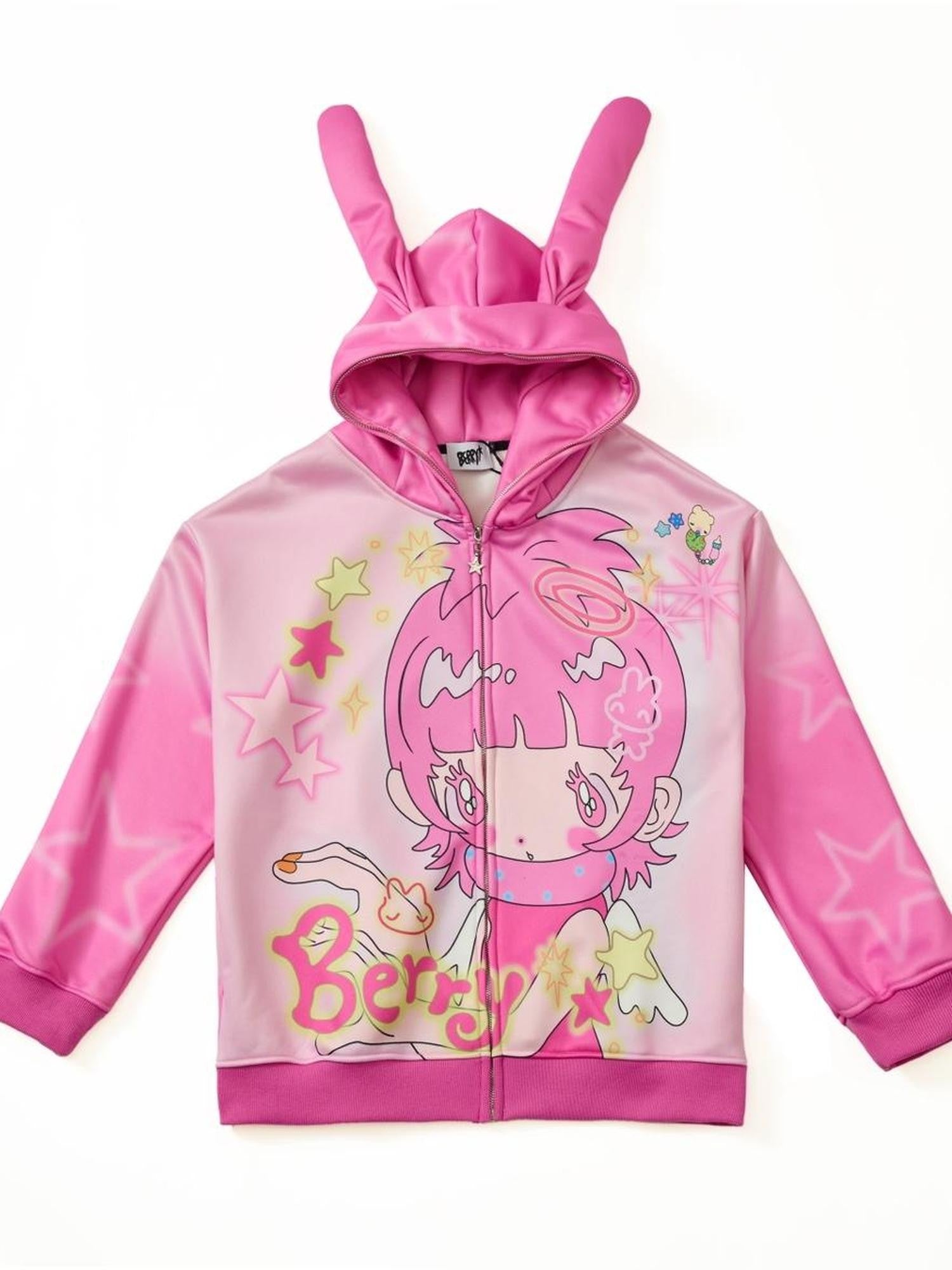 BlackBerry Pink Rabbit Ear Character Print Women's Fleece Lined Zip-up Hoodies