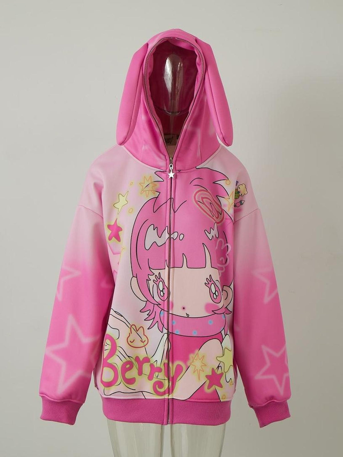 BlackBerry Pink Rabbit Ear Character Print Women's Fleece Lined Zip-up Hoodies