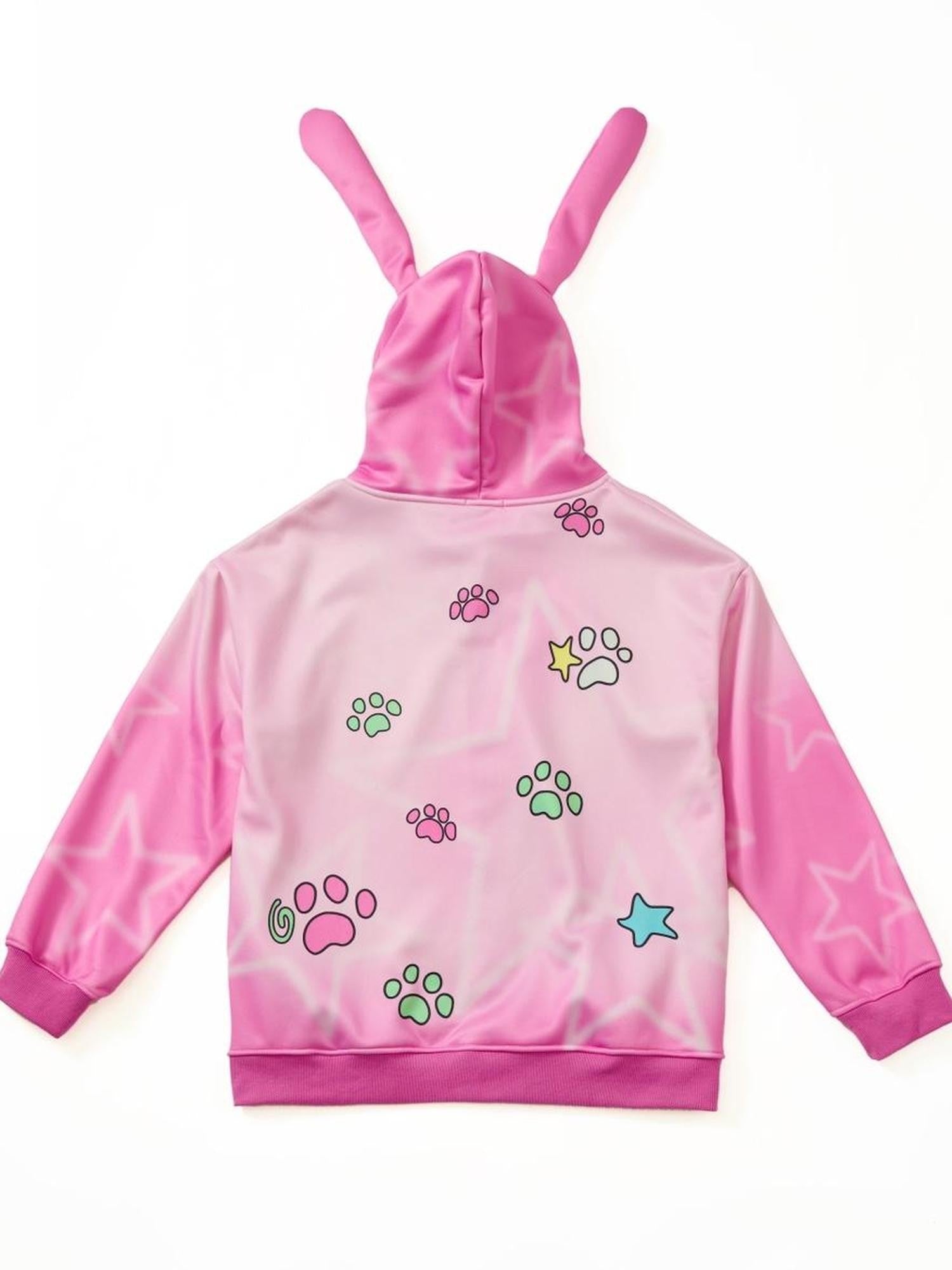 BlackBerry Pink Rabbit Ear Character Print Women's Fleece Lined Zip-up Hoodies