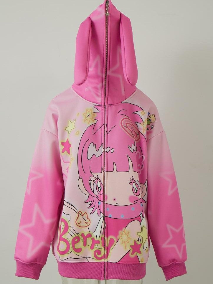 BlackBerry Pink Rabbit Ear Character Print Women's Fleece Lined Zip-up Hoodies