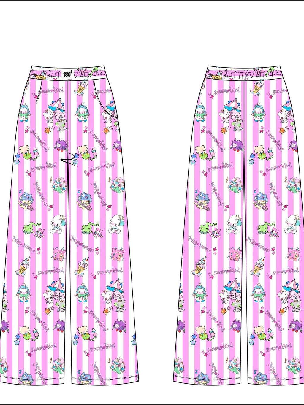 BlackBerry Pink Striped Cute Doll Applique Women's 100% Cotton Lounge Pants