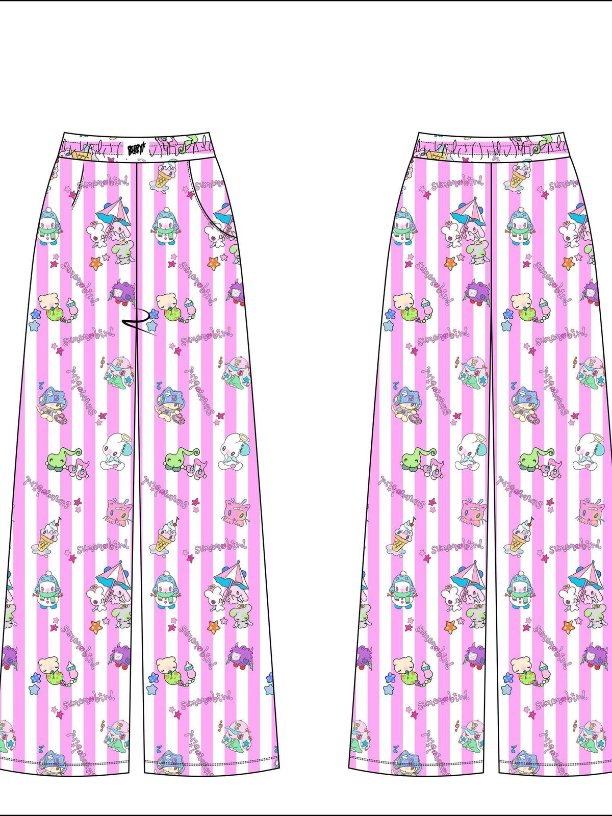 BlackBerry Pink Striped Cute Doll Applique Women's 100% Cotton Lounge Pants