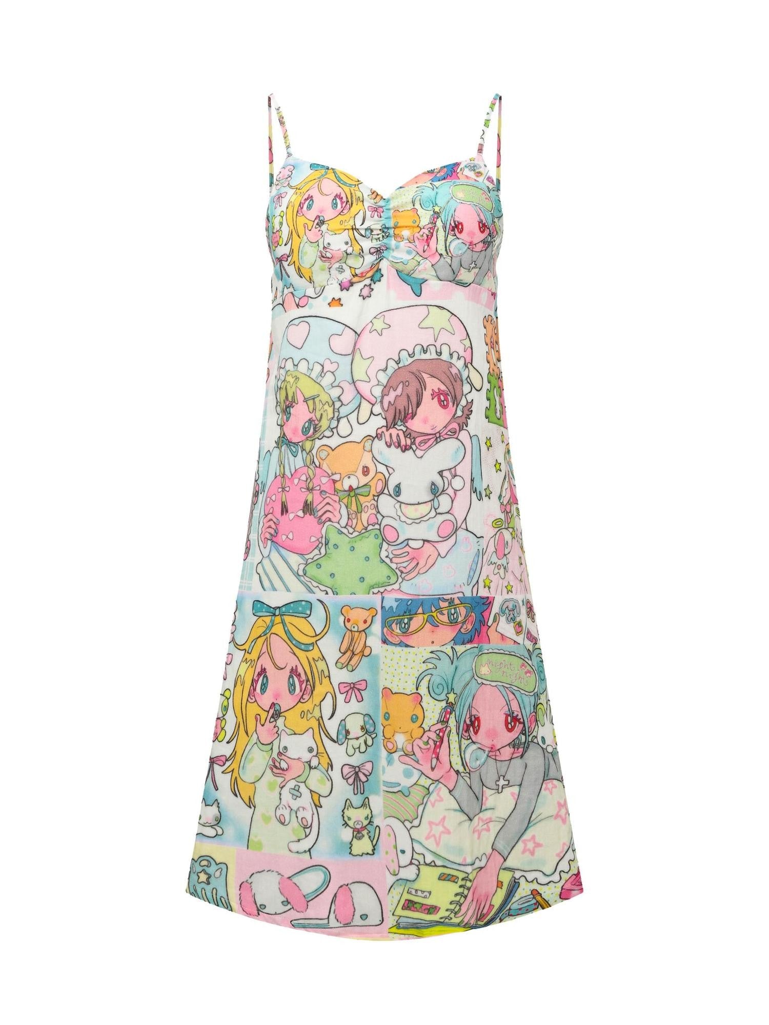 BlackBerry Sweet Cartoon Print Spaghetti Strap Women's Slip Mini Dresses
