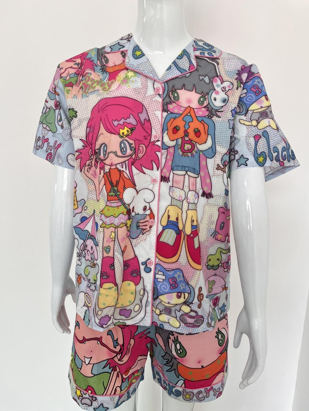 BlackBerry Two Girls Cartoon Print Women's Woven Cotton Lounge Top & Shorts Sets
