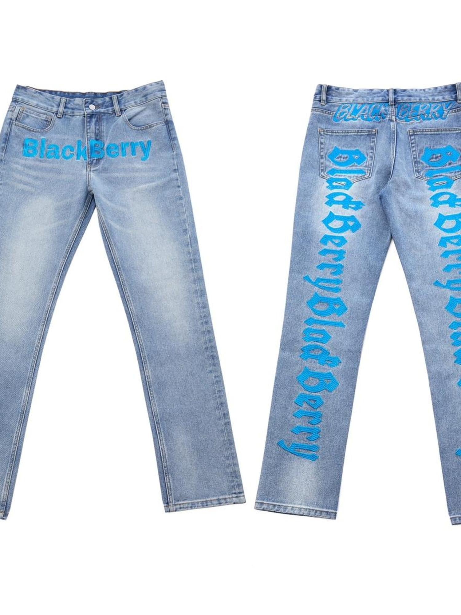 BlackBerry Washed Blue Heavy Embroidered Stacked Women's Denim Straight-leg Jeans