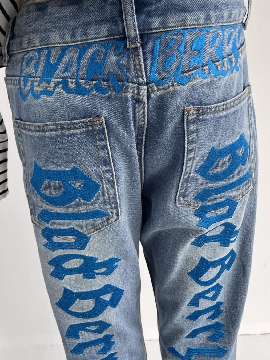 BlackBerry Washed Blue Heavy Embroidered Stacked Women's Denim Straight-leg Jeans