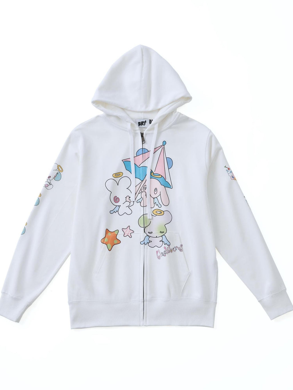BlackBerry White Bunny Print Collab Loose Fit Street Women's Zip-up Hoodies