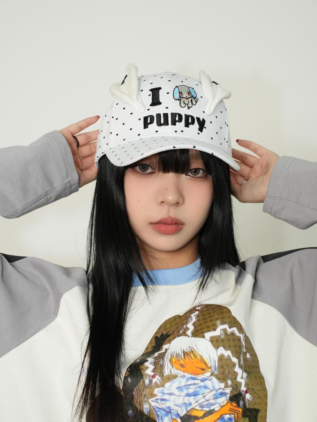 BlackBerry White Cartoon Puppy Ears Heart Adjustable Women's Cotton Baseball Caps