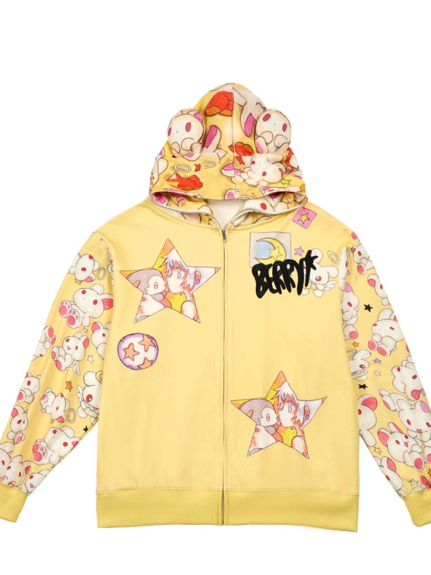 BlackBerry Yellow Star Girl Kiss Doll Cartoon Print Women's Pure Cotton Zip-up Hoodies
