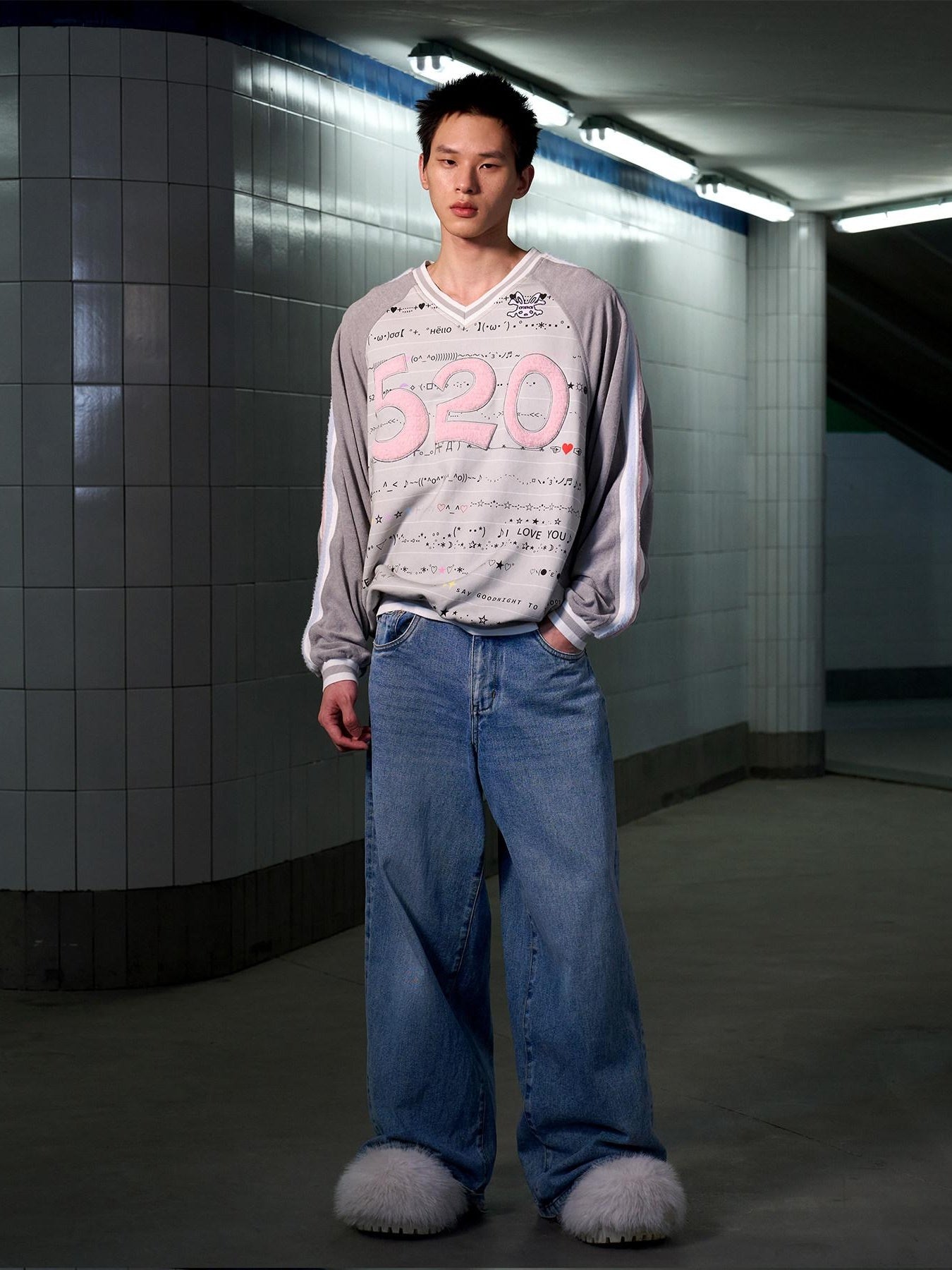 CFIERCE 100% Cotton Oversized V-neck Street Style Unisex Gray Long Sleeve Pullover