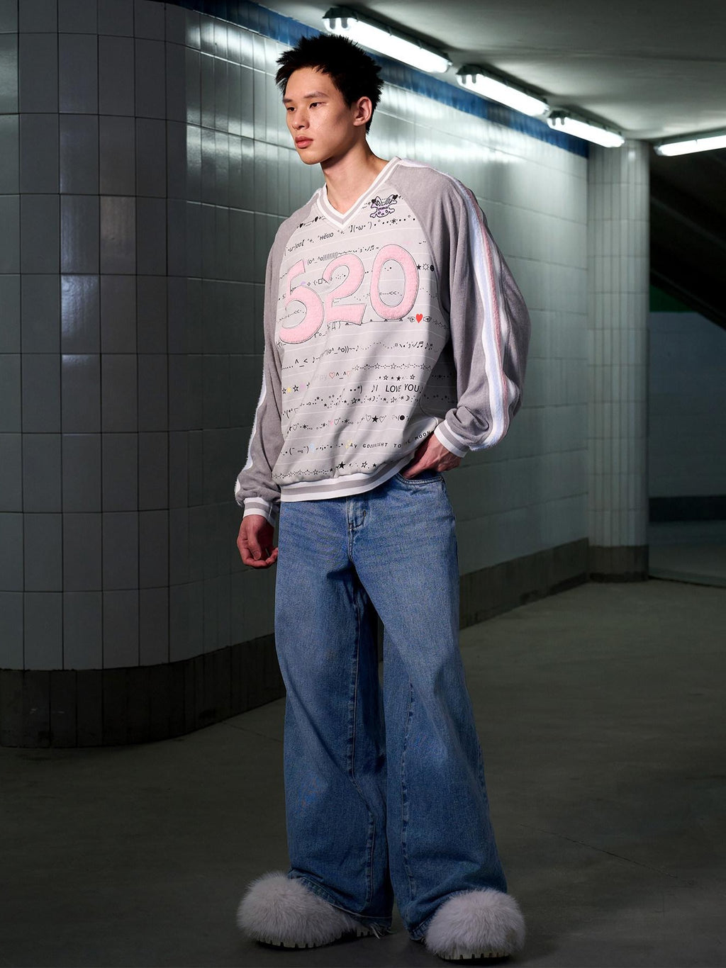 CFIERCE 100% Cotton Oversized V-neck Street Style Unisex Gray Long Sleeve Pullover