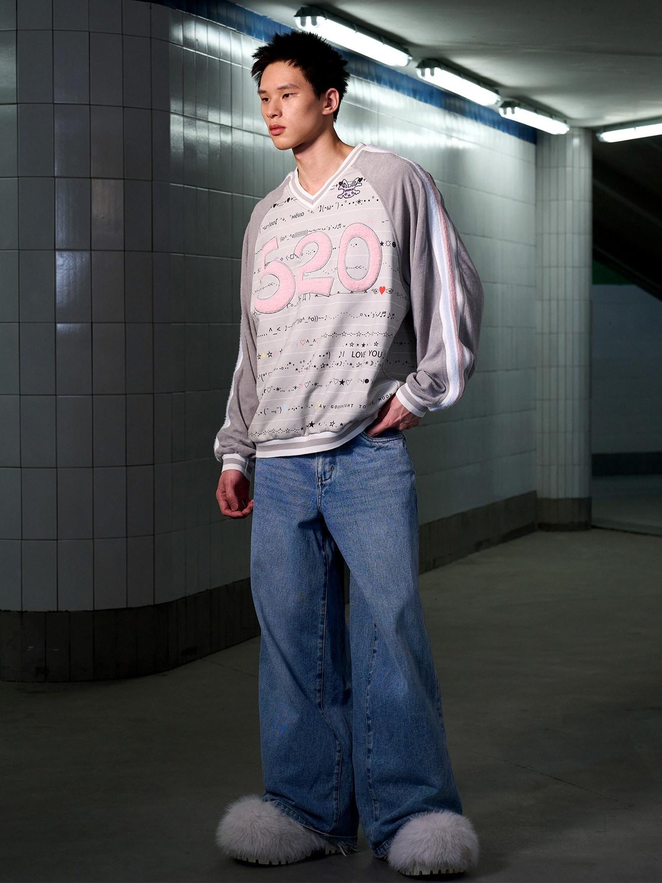 CFIERCE 100% Cotton Oversized V-neck Street Style Unisex Gray Long Sleeve Pullover