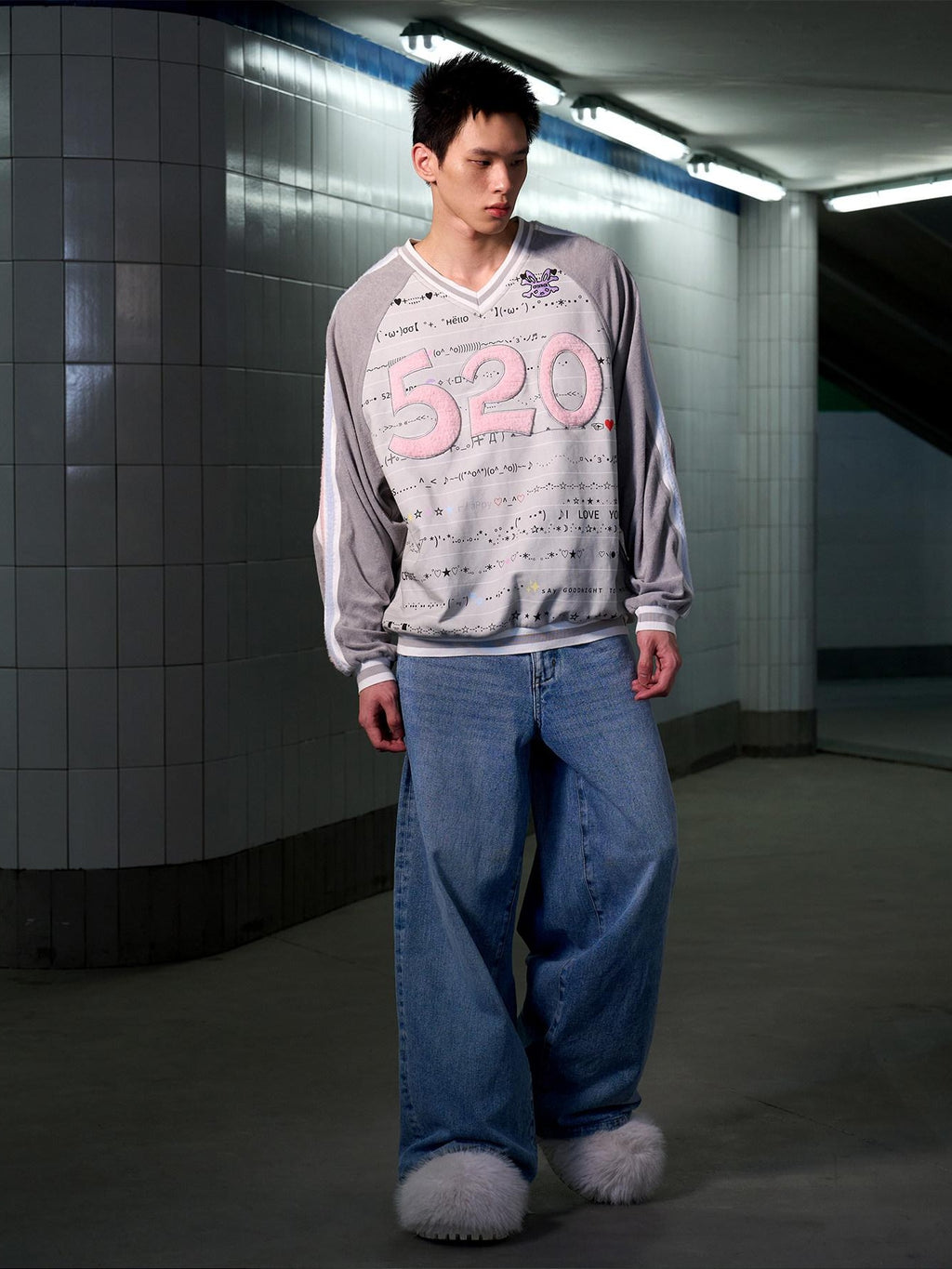 CFIERCE 100% Cotton Oversized V-neck Street Style Unisex Gray Long Sleeve Pullover