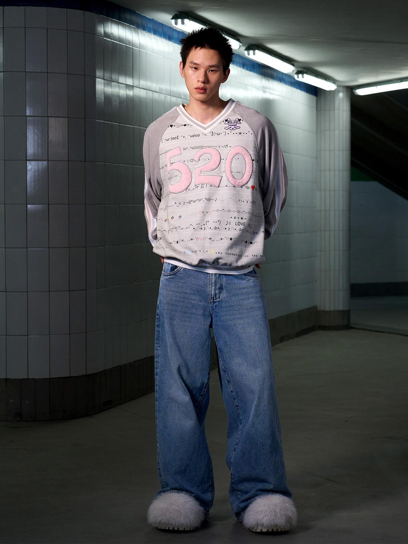 CFIERCE 100% Cotton Oversized V-neck Street Style Unisex Gray Long Sleeve Pullover
