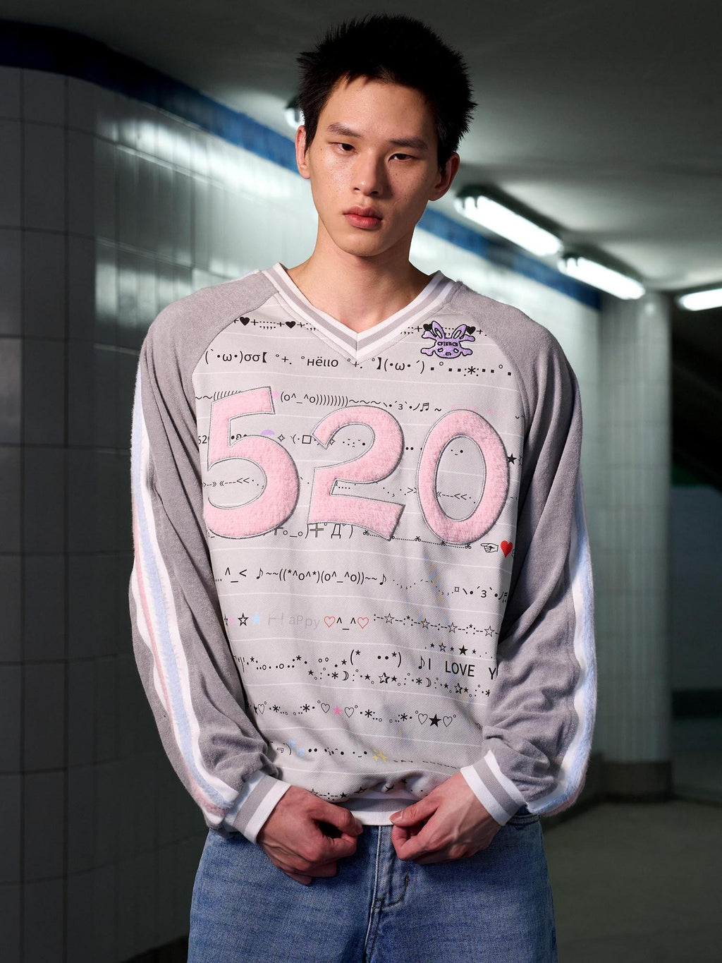 CFIERCE 100% Cotton Oversized V-neck Street Style Unisex Gray Long Sleeve Pullover