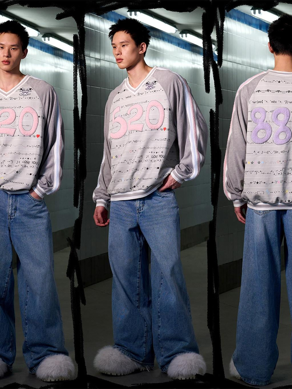 CFIERCE 100% Cotton Oversized V-neck Street Style Unisex Gray Long Sleeve Pullover