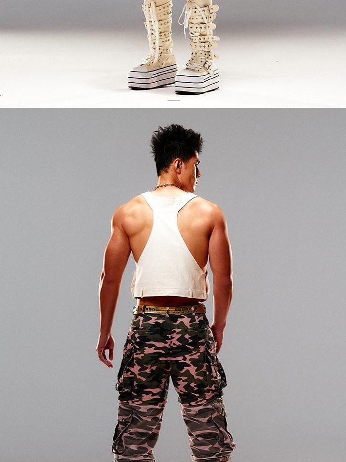 CFIERCE 100 Percent Cotton Cropped Utility H Cut Unisex Beige Layering Vest