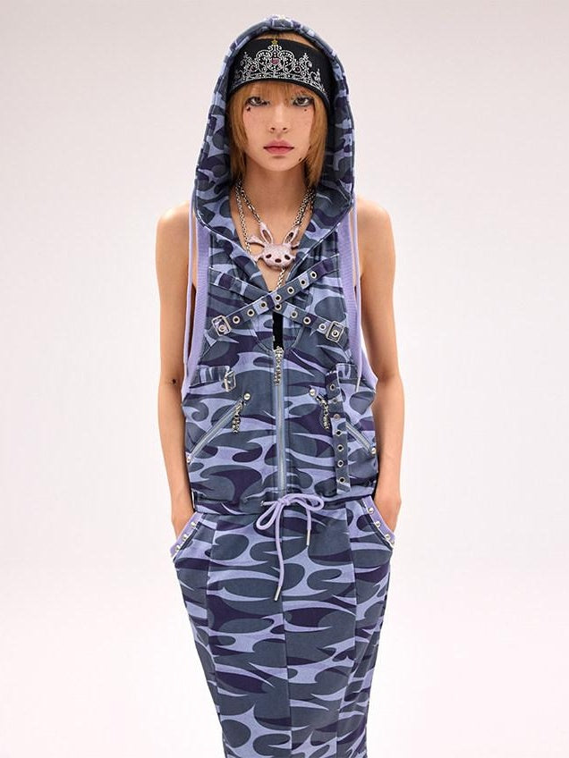 CFIERCE 100 Percent Cotton Hooded Zip Fitted Waist Street Sleeveless Blue Women 吊带连衣裙