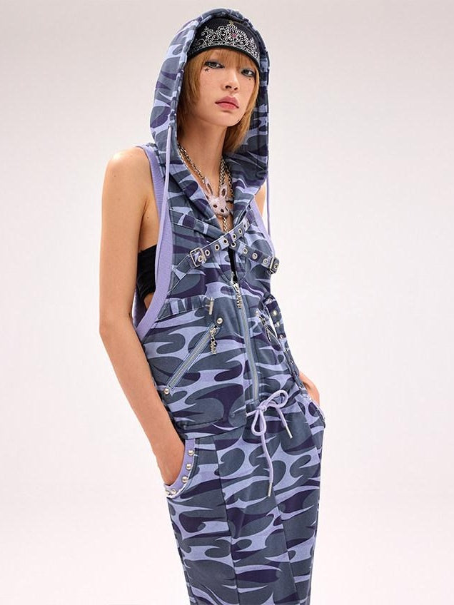 CFIERCE 100 Percent Cotton Hooded Zip Fitted Waist Street Sleeveless Blue Women 吊带连衣裙