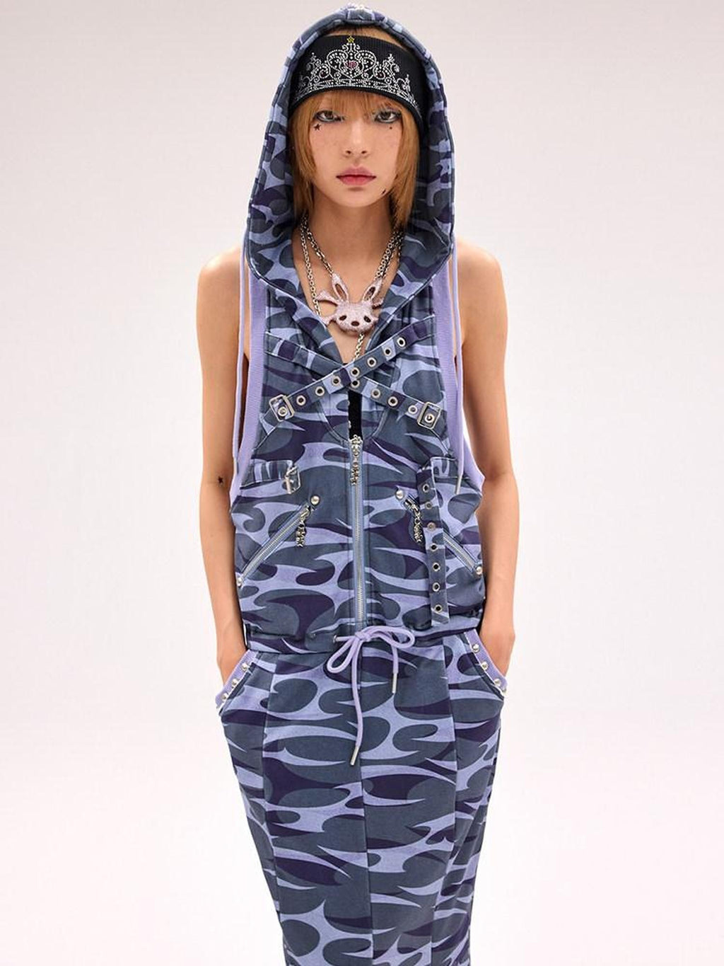 CFIERCE 100 Percent Cotton Hooded Zip Fitted Waist Street Sleeveless Blue Women 吊带连衣裙