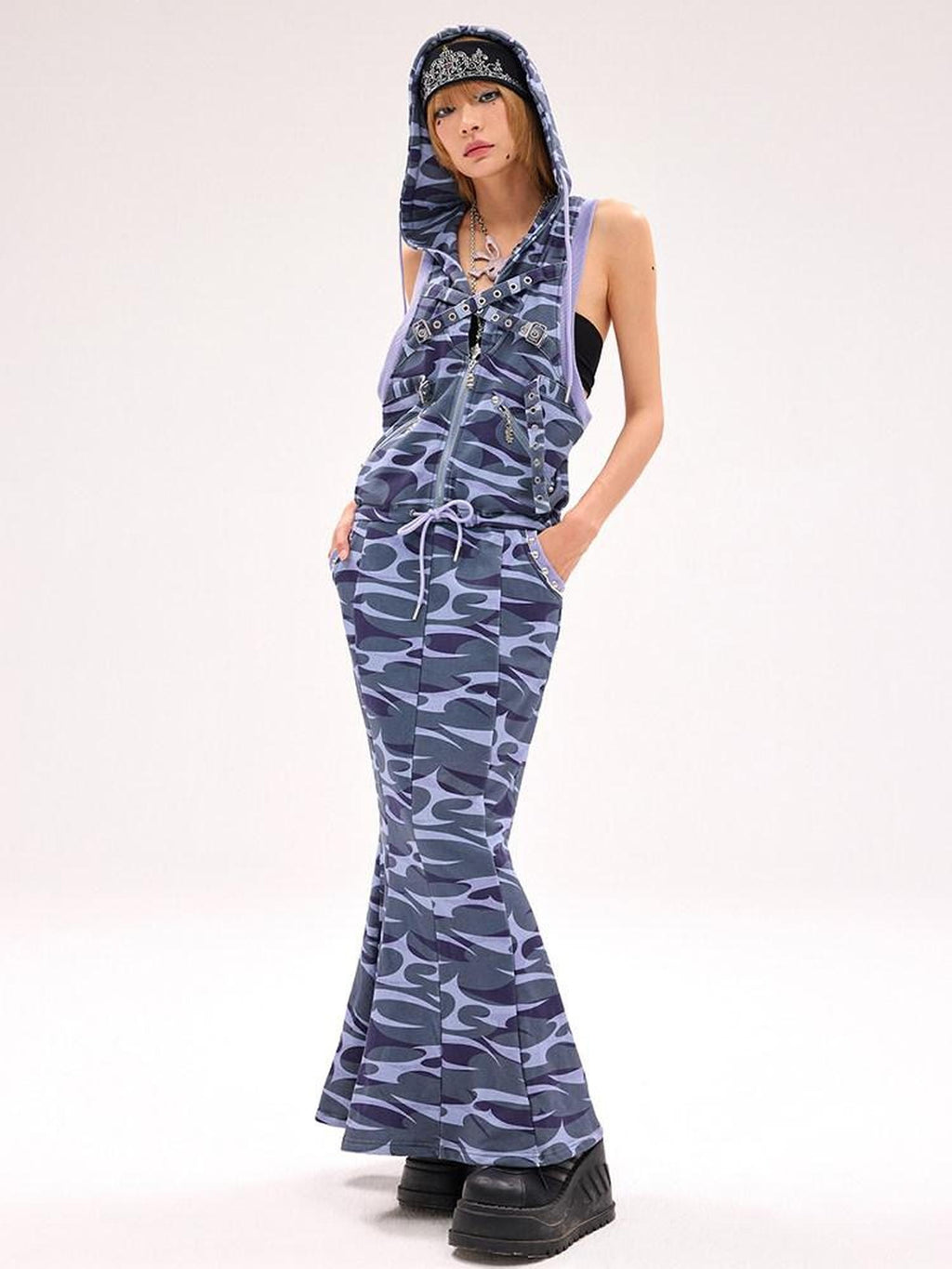 CFIERCE 100 Percent Cotton Hooded Zip Fitted Waist Street Sleeveless Blue Women 吊带连衣裙
