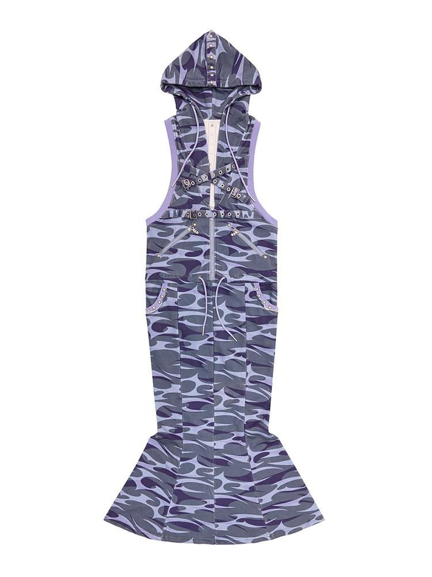 CFIERCE 100 Percent Cotton Hooded Zip Fitted Waist Street Sleeveless Blue Women 吊带连衣裙